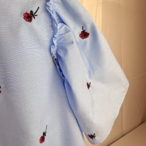 NWT LOFT Embroidered Rose Puff Sleeve Blouse Light Blue Size M - Picture 5 of 8